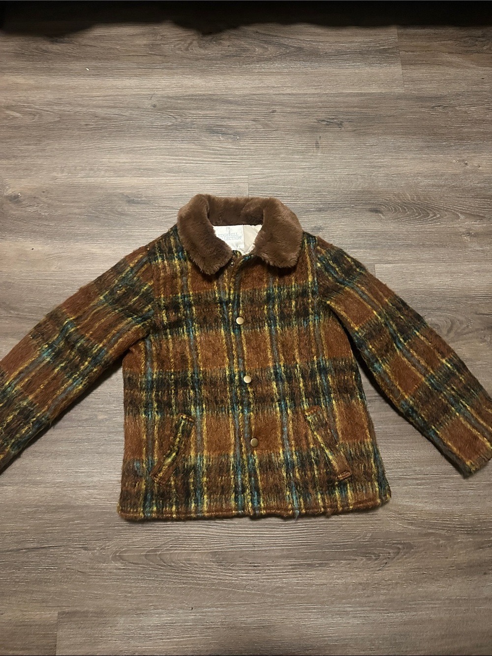 Boys Plaid Brown Faux-Fur Collar Jacket size 7